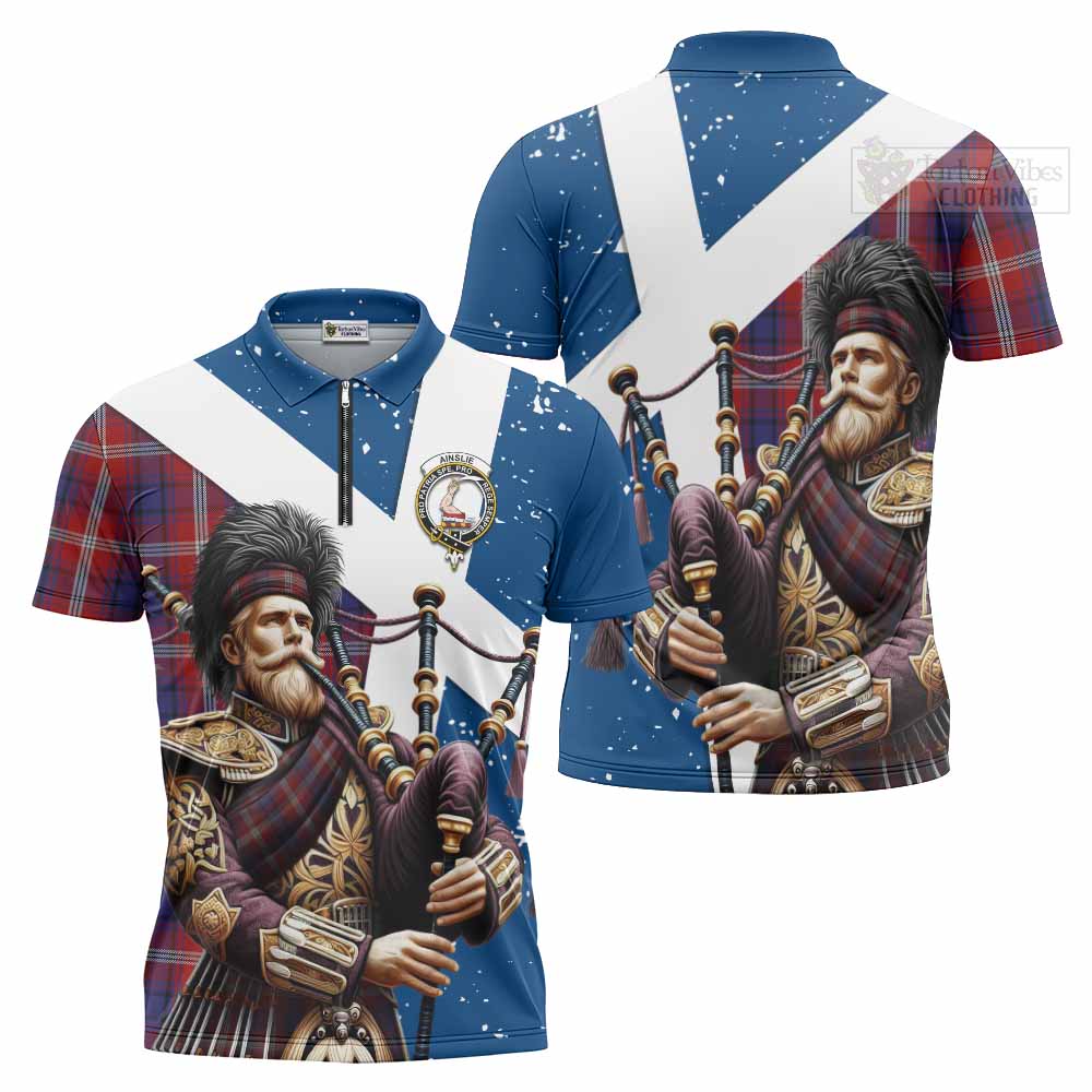 Tartan Vibes Clothing Ainslie Tartan Zipper Polo Shirt with Family Crest Scottish Bagpiper Vibes