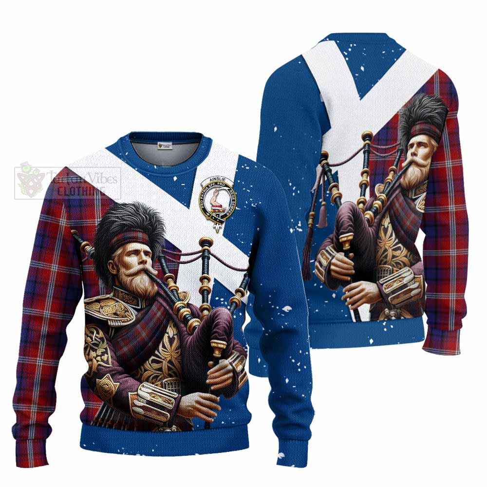 Tartan Vibes Clothing Ainslie Tartan Knitted Sweater with Family Crest Scottish Bagpiper Vibes