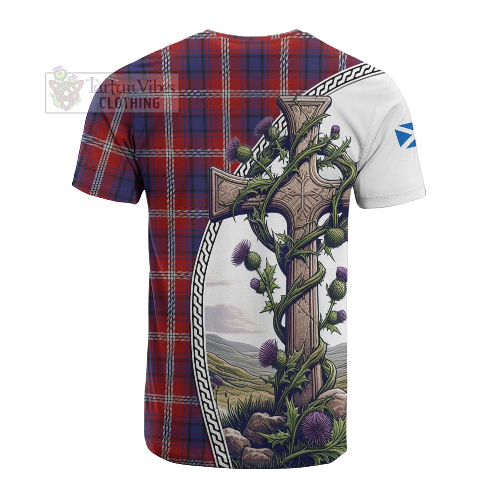 Tartan Vibes Clothing Ainslie Tartan Cotton T-shirt with Family Crest and St. Andrew's Cross Accented by Thistle Vines