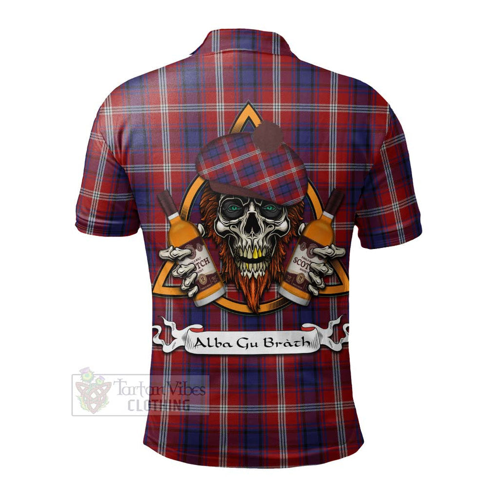 Tartan Vibes Clothing Ainslie Tartan Polo Shirt with Family Crest and Bearded Skull Holding Bottles of Whiskey