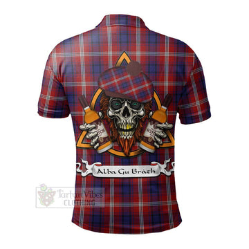 Ainslie Tartan Polo Shirt with Family Crest and Bearded Skull Holding Bottles of Whiskey