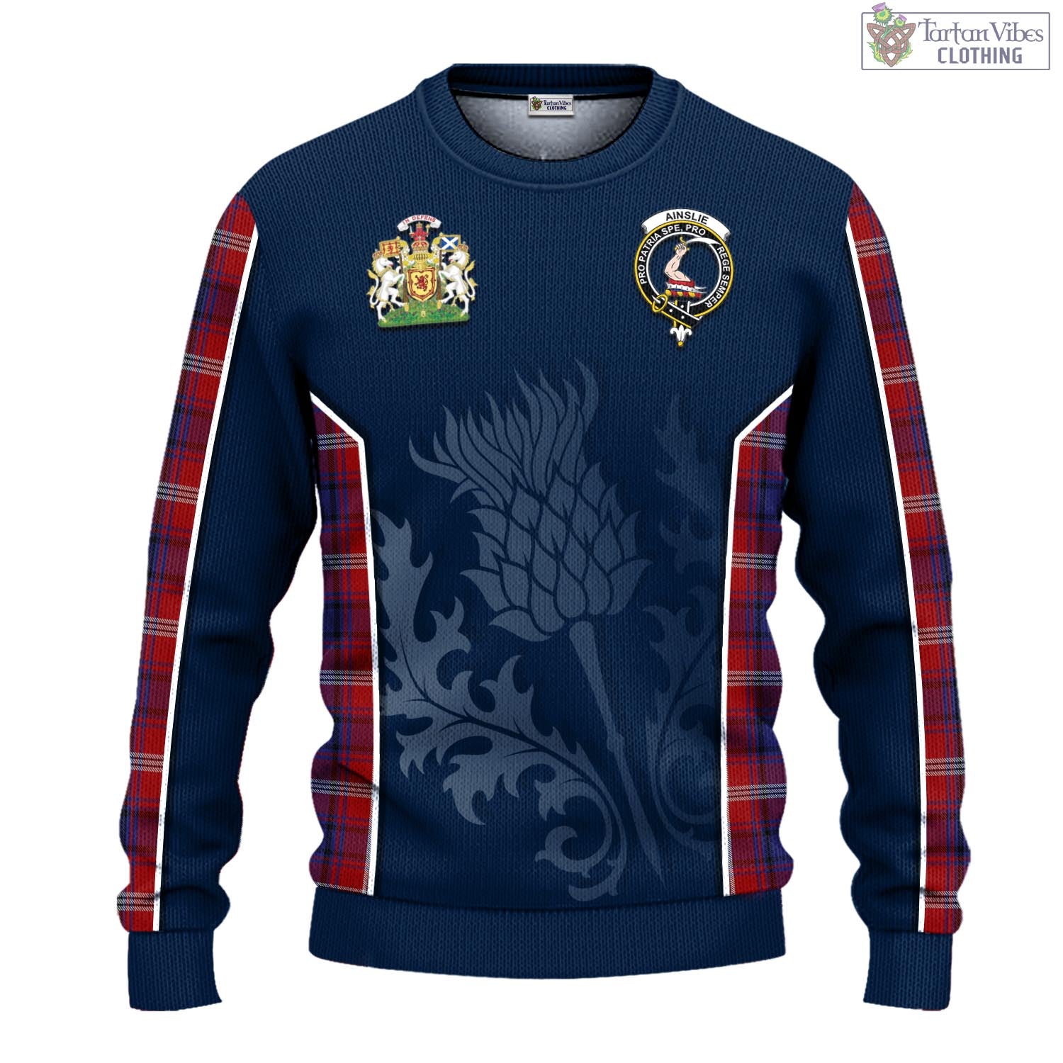 Tartan Vibes Clothing Ainslie Tartan Knitted Sweatshirt with Family Crest and Scottish Thistle Vibes Sport Style