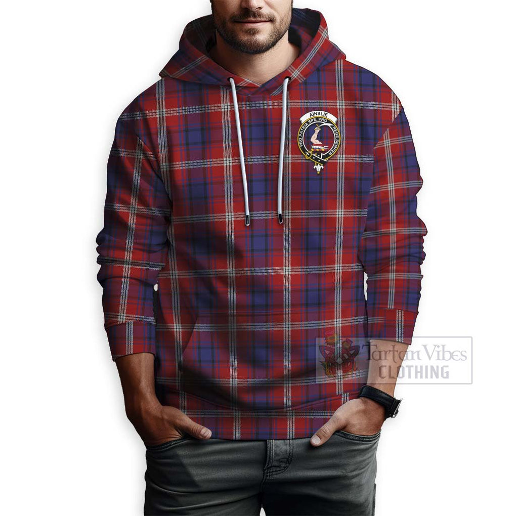 Tartan Vibes Clothing Ainslie Tartan Hoodie with Family Crest and Bearded Skull Holding Bottles of Whiskey