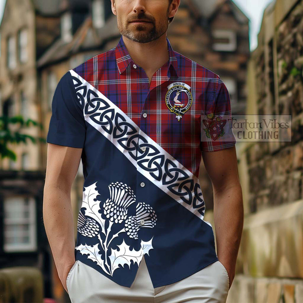 Tartan Vibes Clothing Ainslie Tartan Short Sleeve Button Shirt Featuring Thistle and Scotland Map