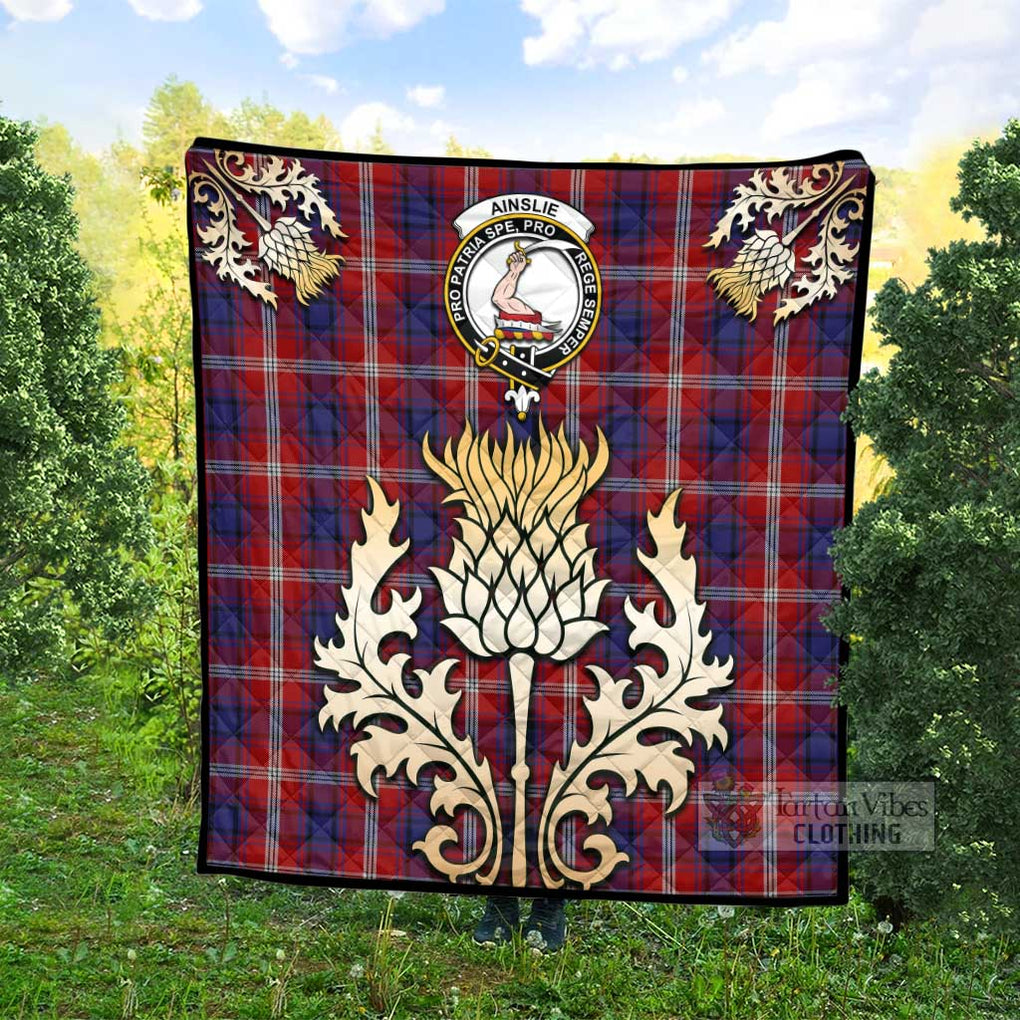 Tartan Vibes Clothing Ainslie Tartan Quilt with Family Crest and Golden Thistle Style