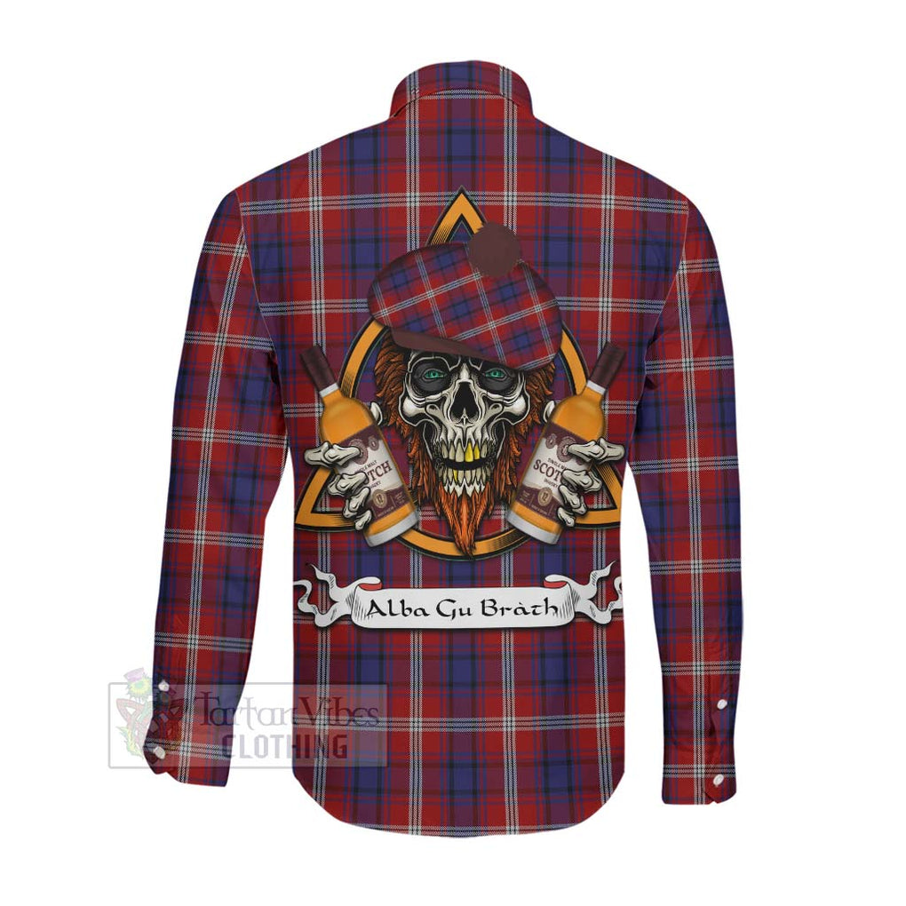 Tartan Vibes Clothing Ainslie Tartan Long Sleeve Button Shirt with Family Crest and Bearded Skull Holding Bottles of Whiskey