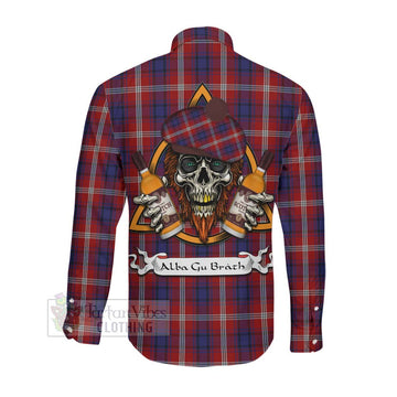 Ainslie Tartan Long Sleeve Button Shirt with Family Crest and Bearded Skull Holding Bottles of Whiskey