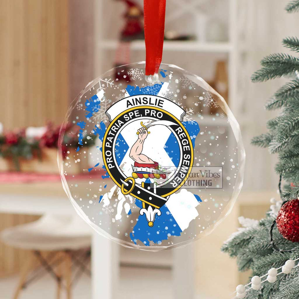 Tartan Vibes Clothing Ainslie Clan Crest Christmas Glass Ornament with Scotland Map