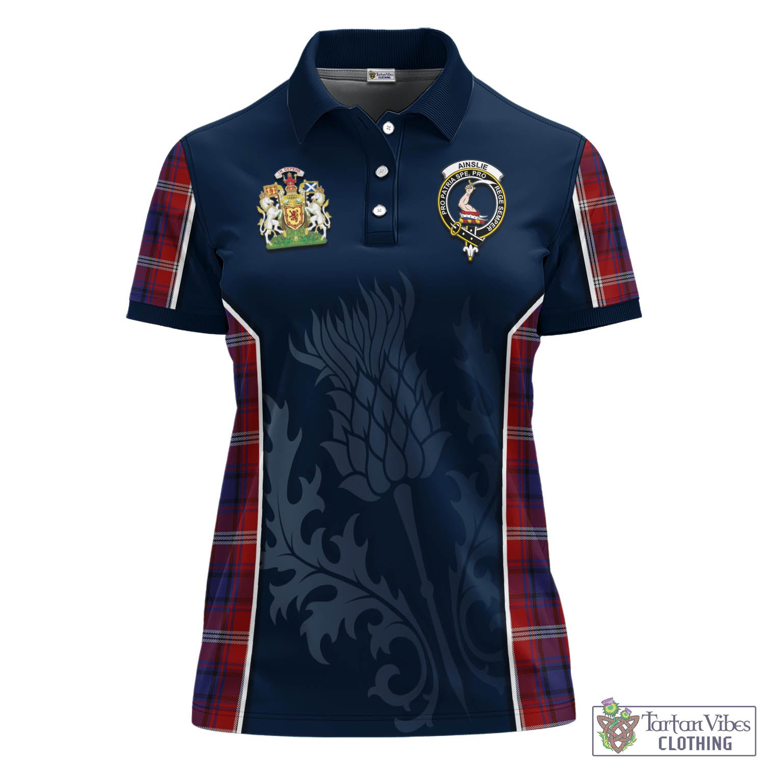 Tartan Vibes Clothing Ainslie Tartan Women's Polo Shirt with Family Crest and Scottish Thistle Vibes Sport Style