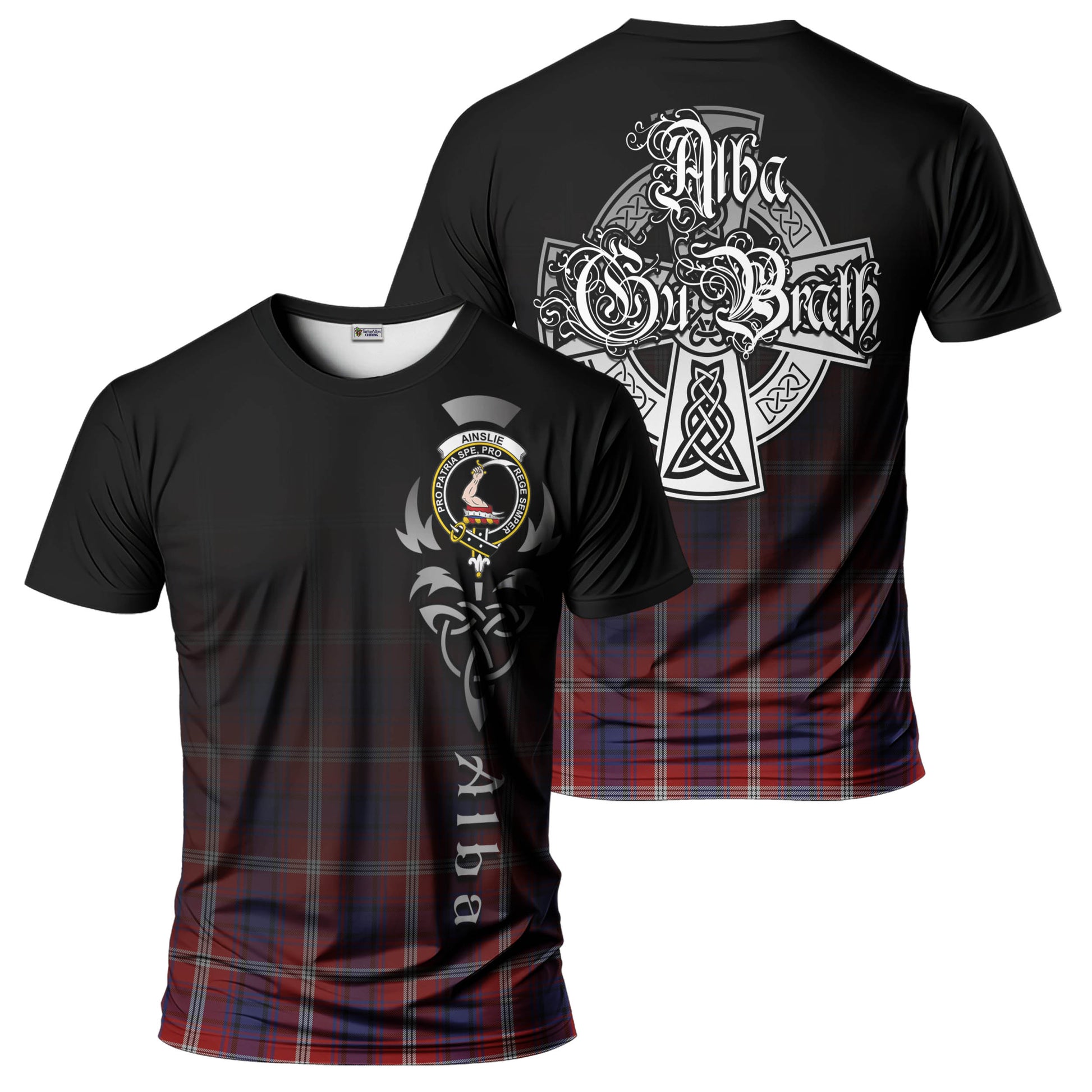 Tartan Vibes Clothing Ainslie Tartan T-Shirt Featuring Alba Gu Brath Family Crest Celtic Inspired