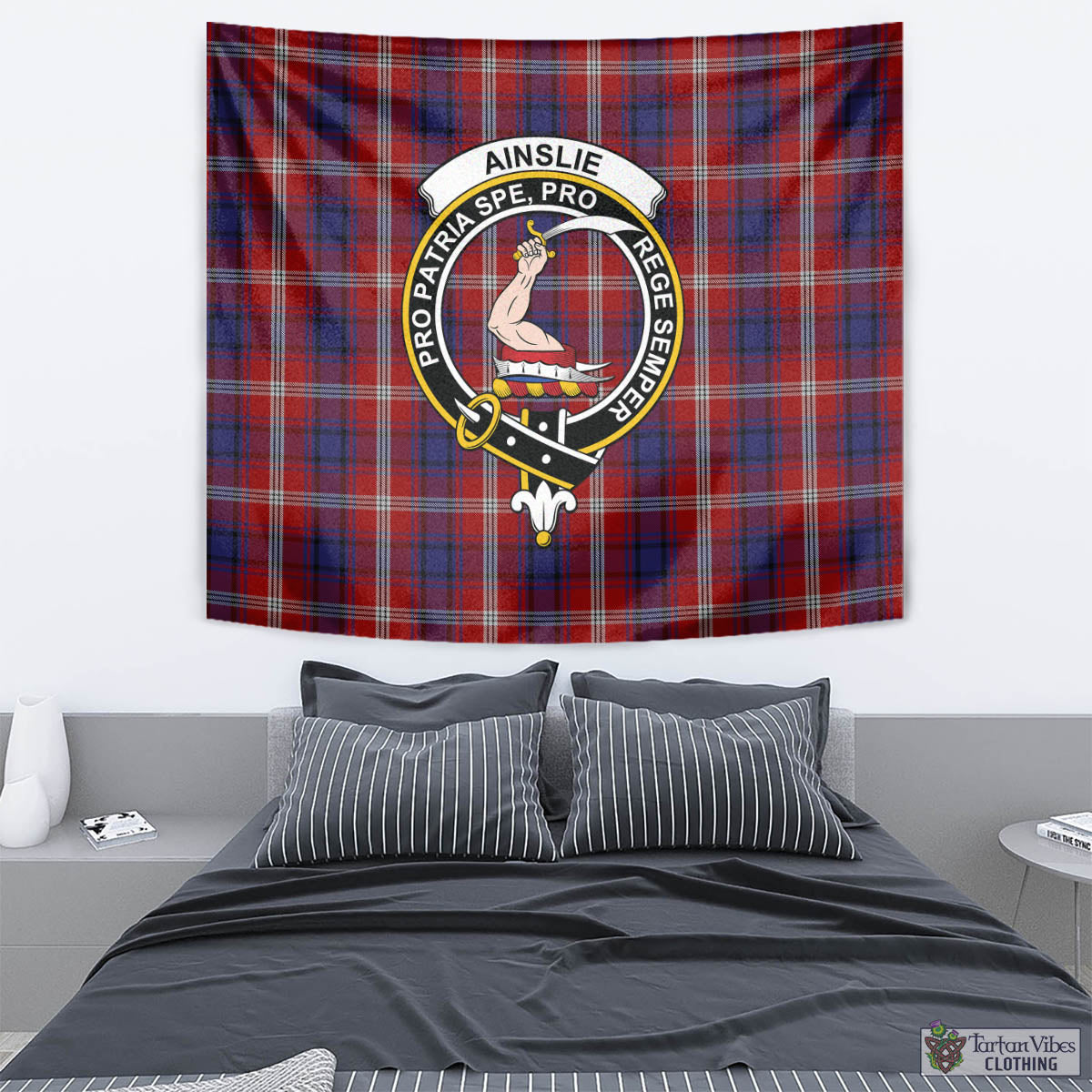 Tartan Vibes Clothing Ainslie Tartan Tapestry Wall Hanging and Home Decor for Room with Family Crest