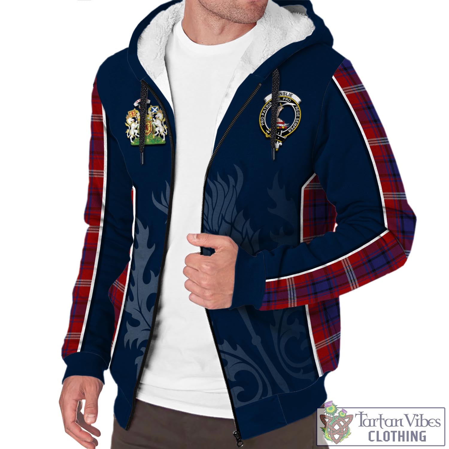 Tartan Vibes Clothing Ainslie Tartan Sherpa Hoodie with Family Crest and Scottish Thistle Vibes Sport Style