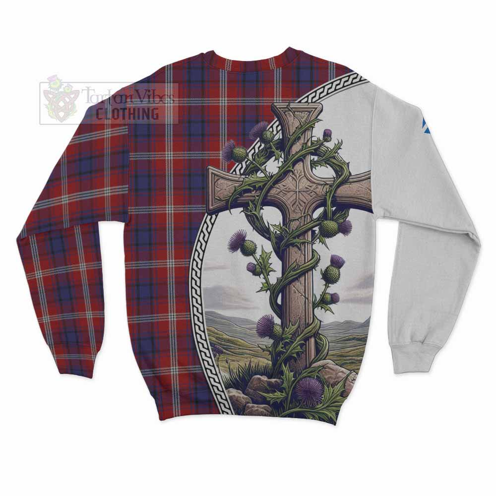 Tartan Vibes Clothing Ainslie Tartan Sweatshirt with Family Crest and St. Andrew's Cross Accented by Thistle Vines