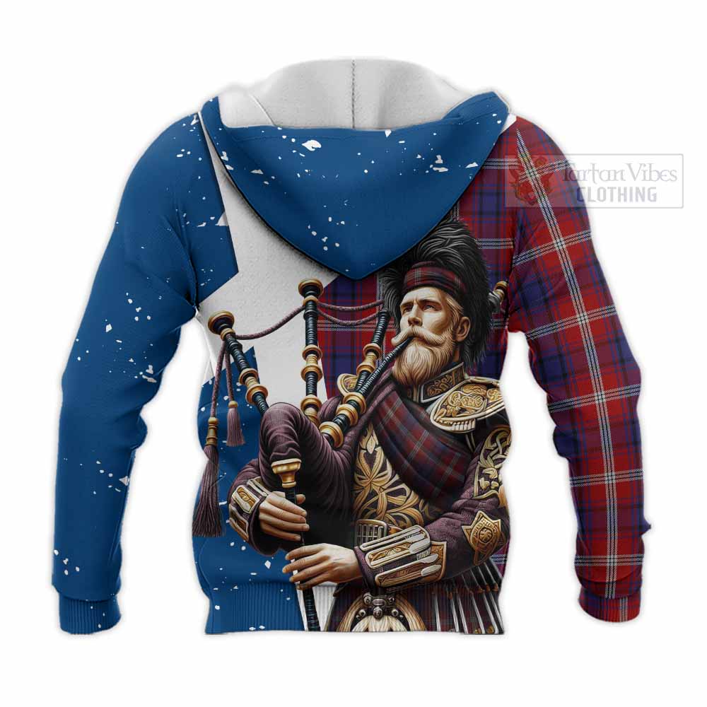 Tartan Vibes Clothing Ainslie Tartan Knitted Hoodie with Family Crest Scottish Bagpiper Vibes