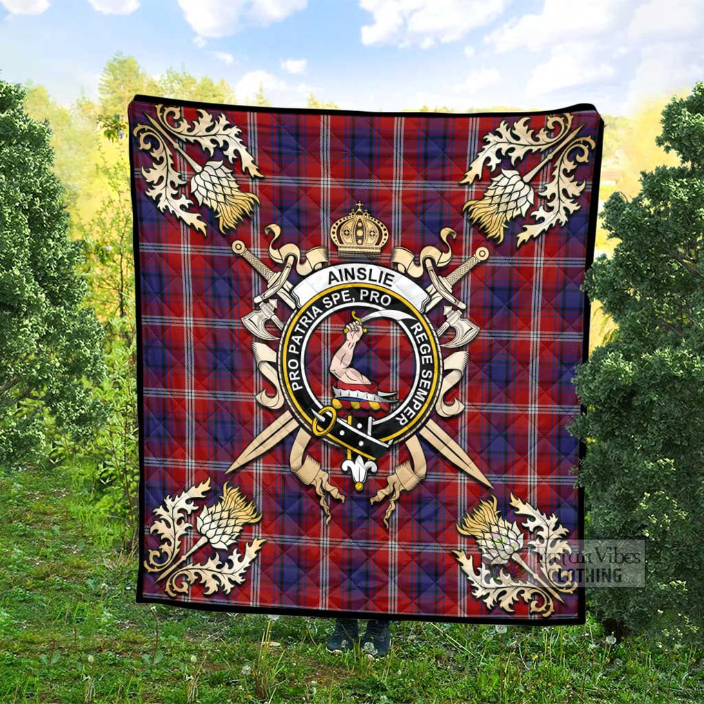 Tartan Vibes Clothing Ainslie Tartan Quilt with Family Crest and Scottish Golden Courage Shield