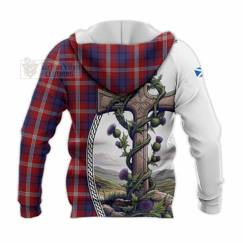 Tartan Vibes Clothing Ainslie Tartan Knitted Hoodie with Family Crest and St. Andrew's Cross Accented by Thistle Vines