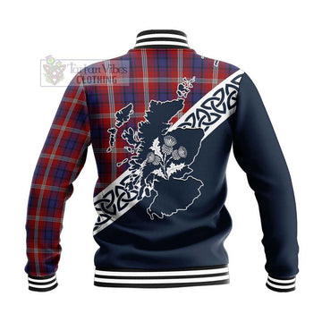 Ainslie Tartan Baseball Jacket Featuring Thistle and Scotland Map