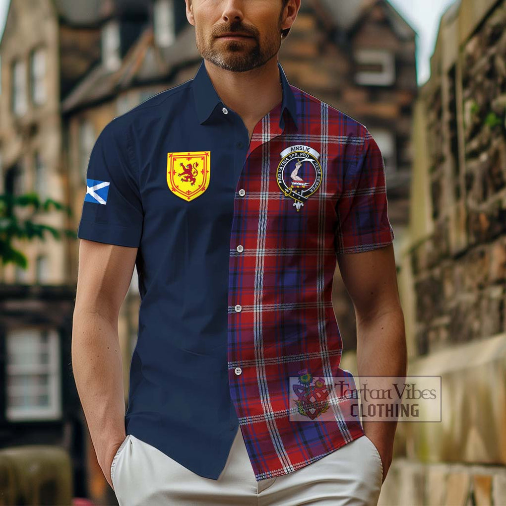 Tartan Vibes Clothing Ainslie Tartan Short Sleeve Button Shirt with Scottish Lion Royal Arm Half Style