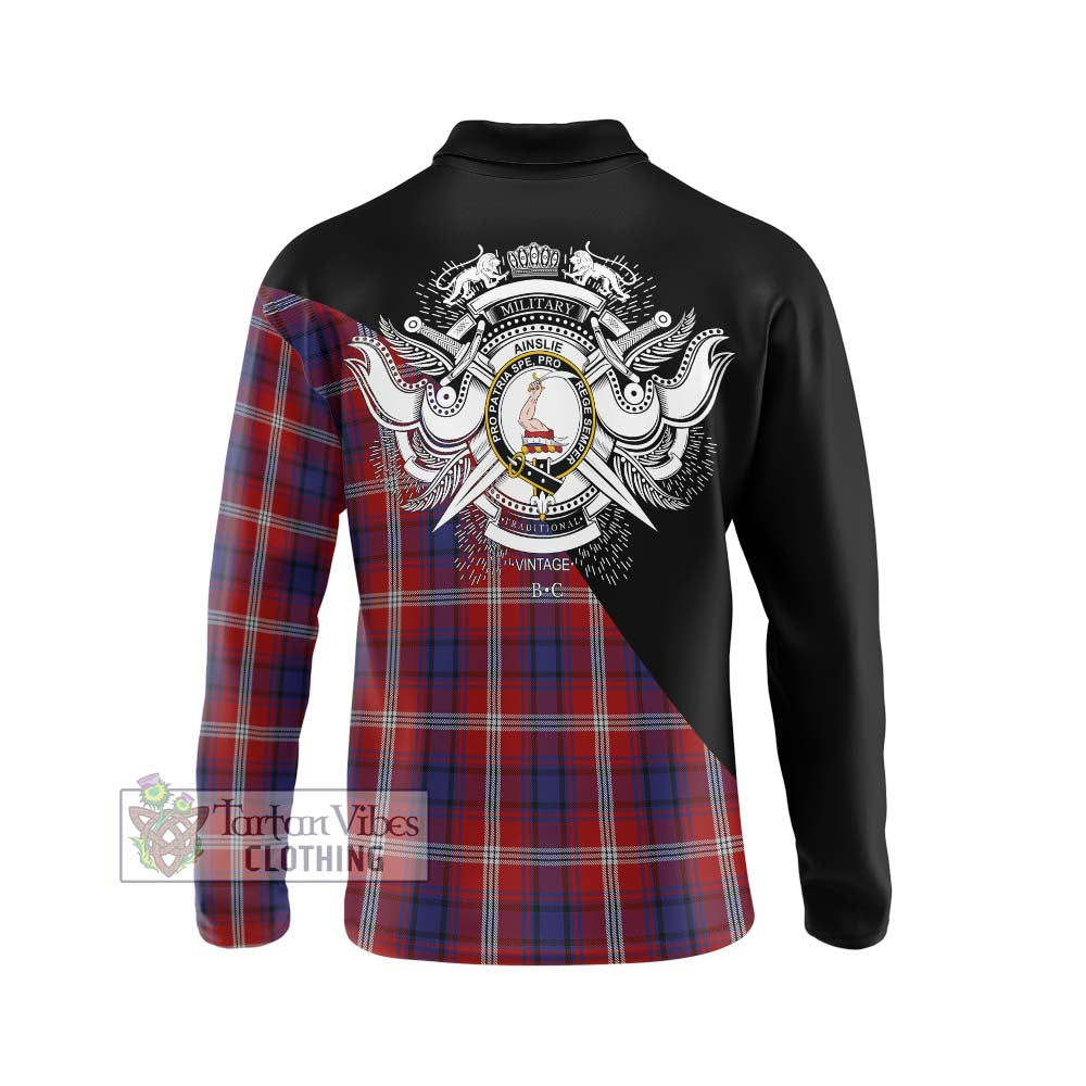 Ainslie Tartan Long Sleeve Polo Shirt with Family Crest and Military Logo Style - Tartanvibesclothing Shop