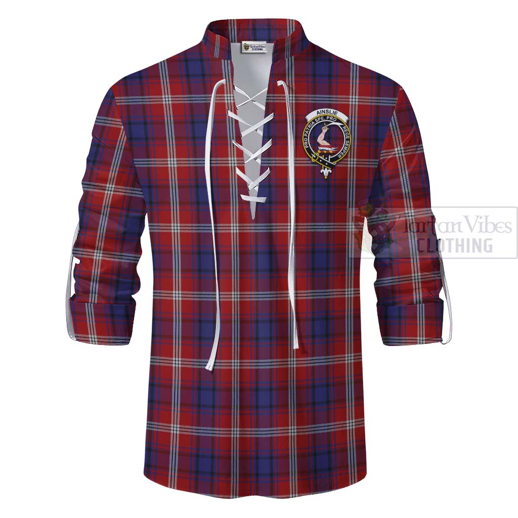 Tartan Vibes Clothing Ainslie Tartan Ghillie Kilt Shirt with Family Crest and Bearded Skull Holding Bottles of Whiskey