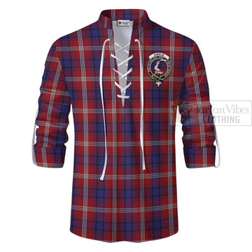 Ainslie Tartan Ghillie Kilt Shirt with Family Crest and Bearded Skull Holding Bottles of Whiskey