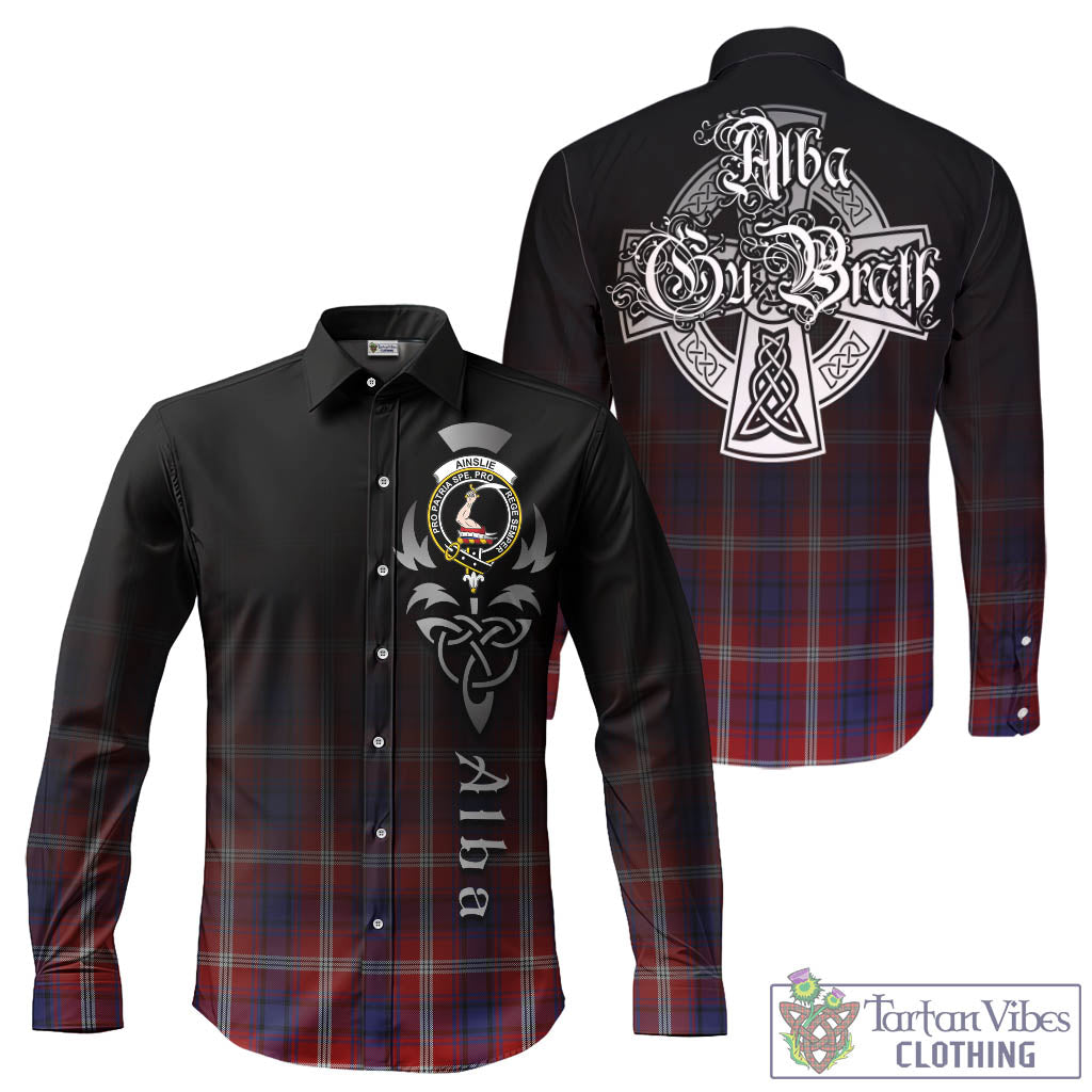 Tartan Vibes Clothing Ainslie Tartan Long Sleeve Button Up Featuring Alba Gu Brath Family Crest Celtic Inspired