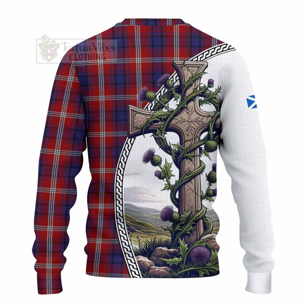 Tartan Vibes Clothing Ainslie Tartan Knitted Sweater with Family Crest and St. Andrew's Cross Accented by Thistle Vines