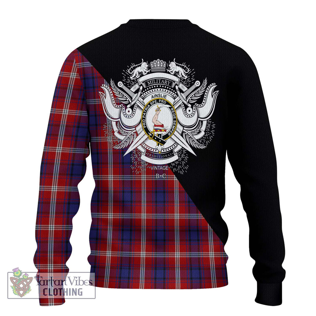 Ainslie Tartan Knitted Sweater with Family Crest and Military Logo Style - Tartanvibesclothing Shop