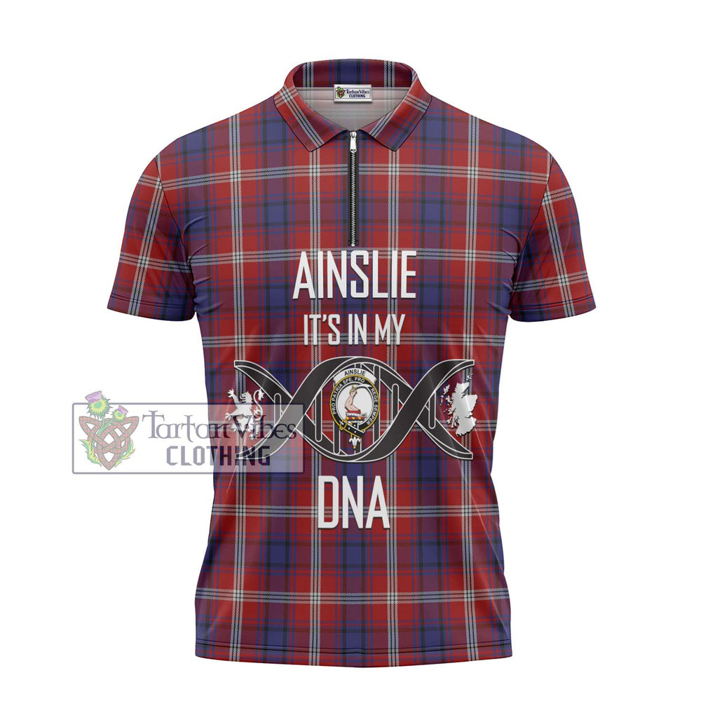 Ainslie Tartan Zipper Polo Shirt with Family Crest DNA In Me Style - Tartanvibesclothing Shop