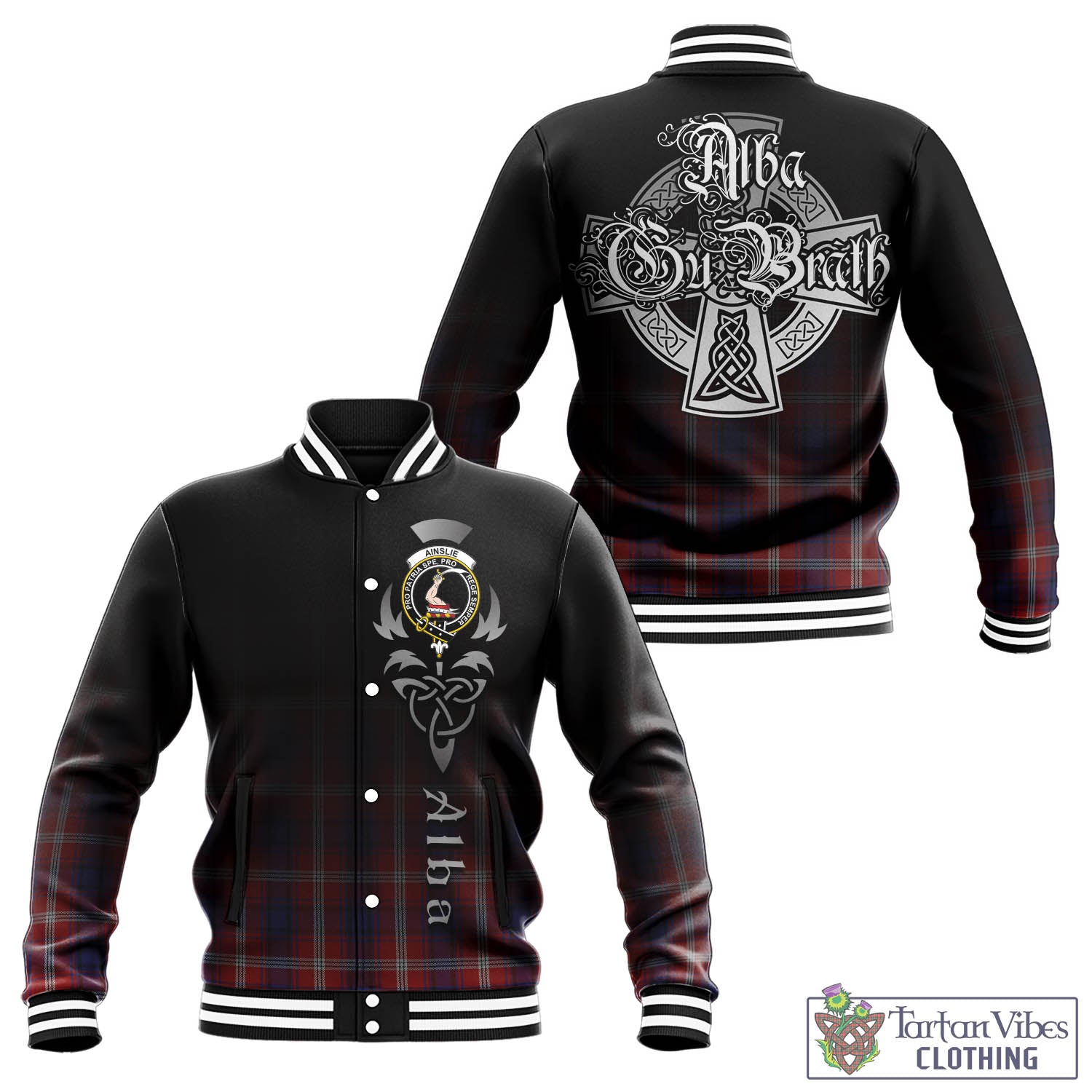 Tartan Vibes Clothing Ainslie Tartan Baseball Jacket Featuring Alba Gu Brath Family Crest Celtic Inspired