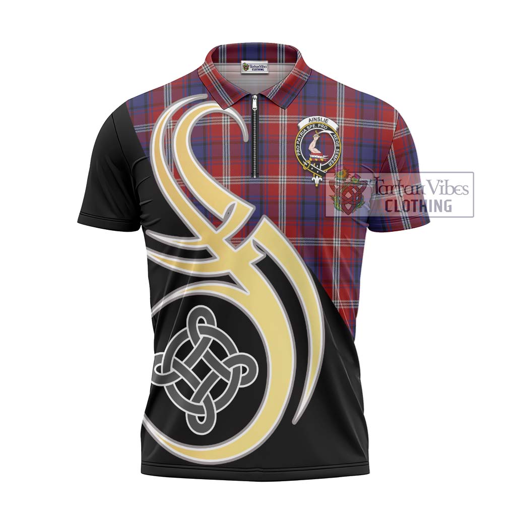 Tartan Vibes Clothing Ainslie Tartan Zipper Polo Shirt with Family Crest and Celtic Symbol Style