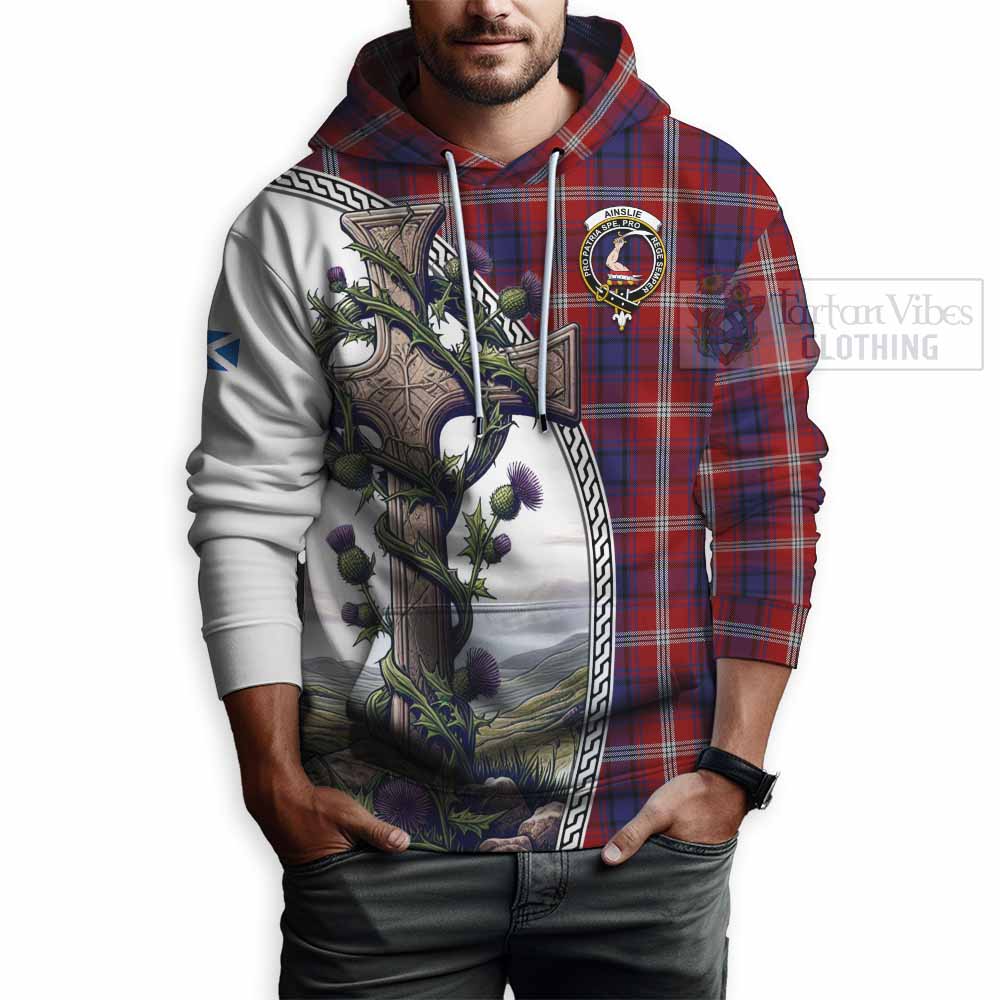 Tartan Vibes Clothing Ainslie Tartan Hoodie with Family Crest and St. Andrew's Cross Accented by Thistle Vines