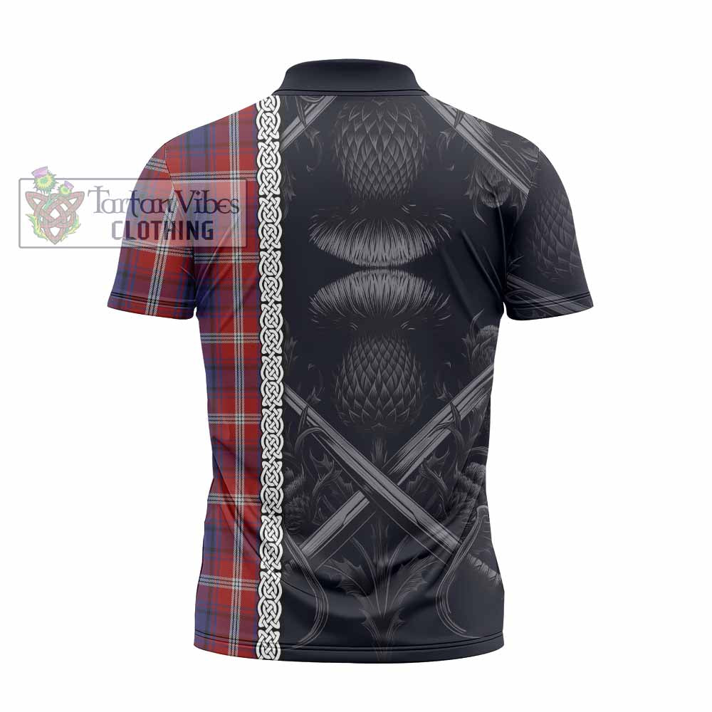 Tartan Vibes Clothing Ainslie Tartan Zipper Polo Shirt with Family Crest Cross Sword Thistle Celtic Vibes