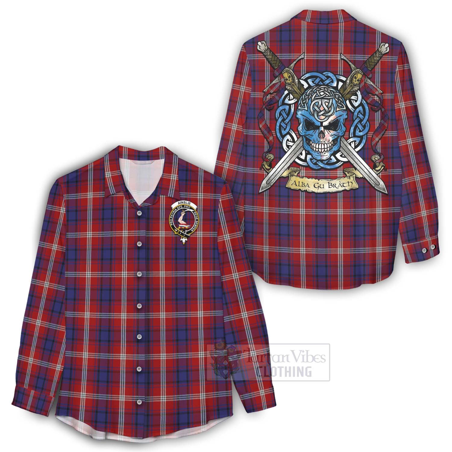 Tartan Vibes Clothing Ainslie Tartan Women's Casual Shirt with Family Crest Celtic Skull Style