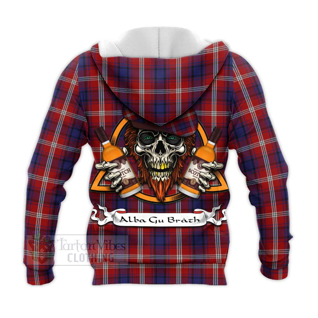 Tartan Vibes Clothing Ainslie Tartan Knitted Hoodie with Family Crest and Bearded Skull Holding Bottles of Whiskey