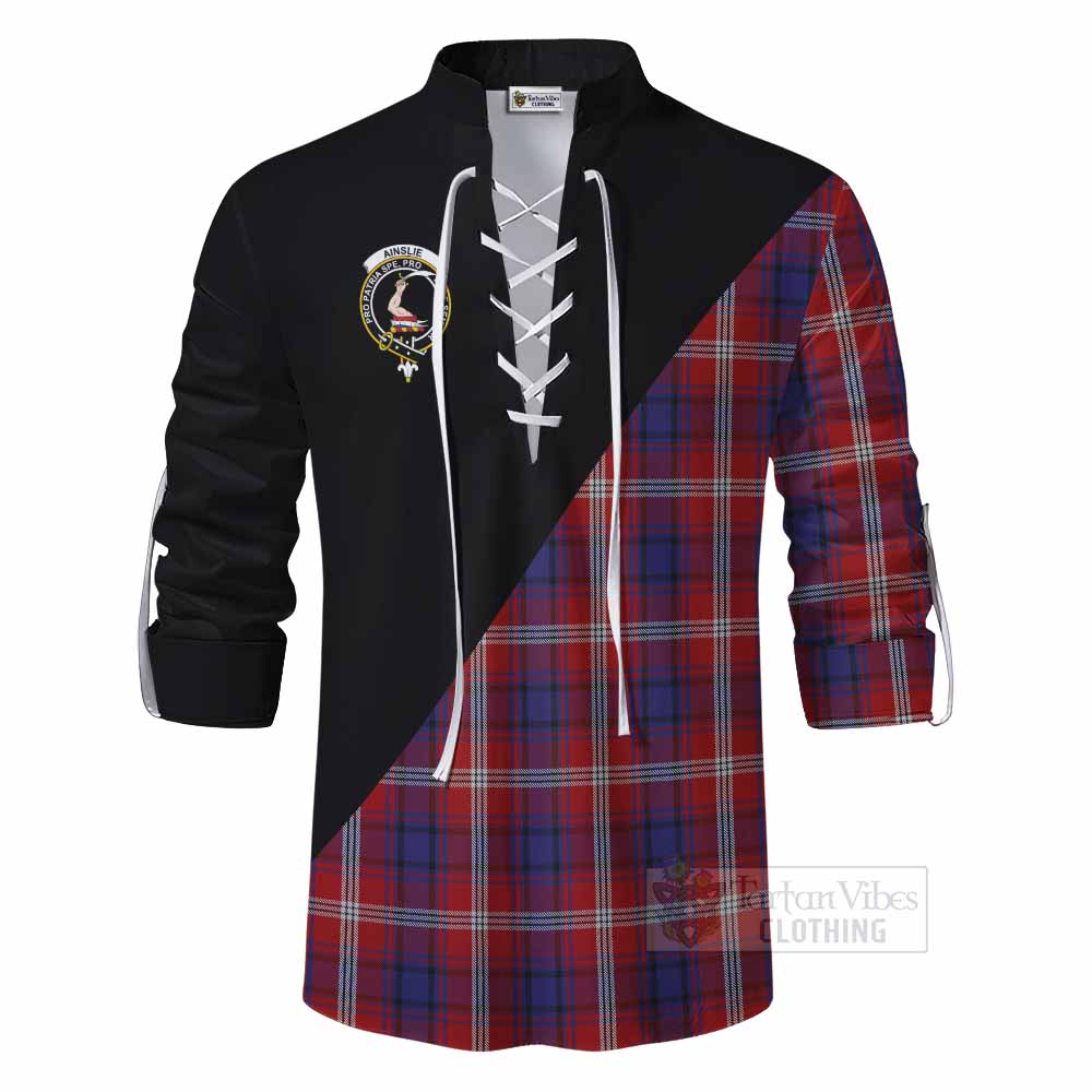 Tartan Vibes Clothing Ainslie Tartan Ghillie Kilt Shirt with Family Crest and Military Logo Style