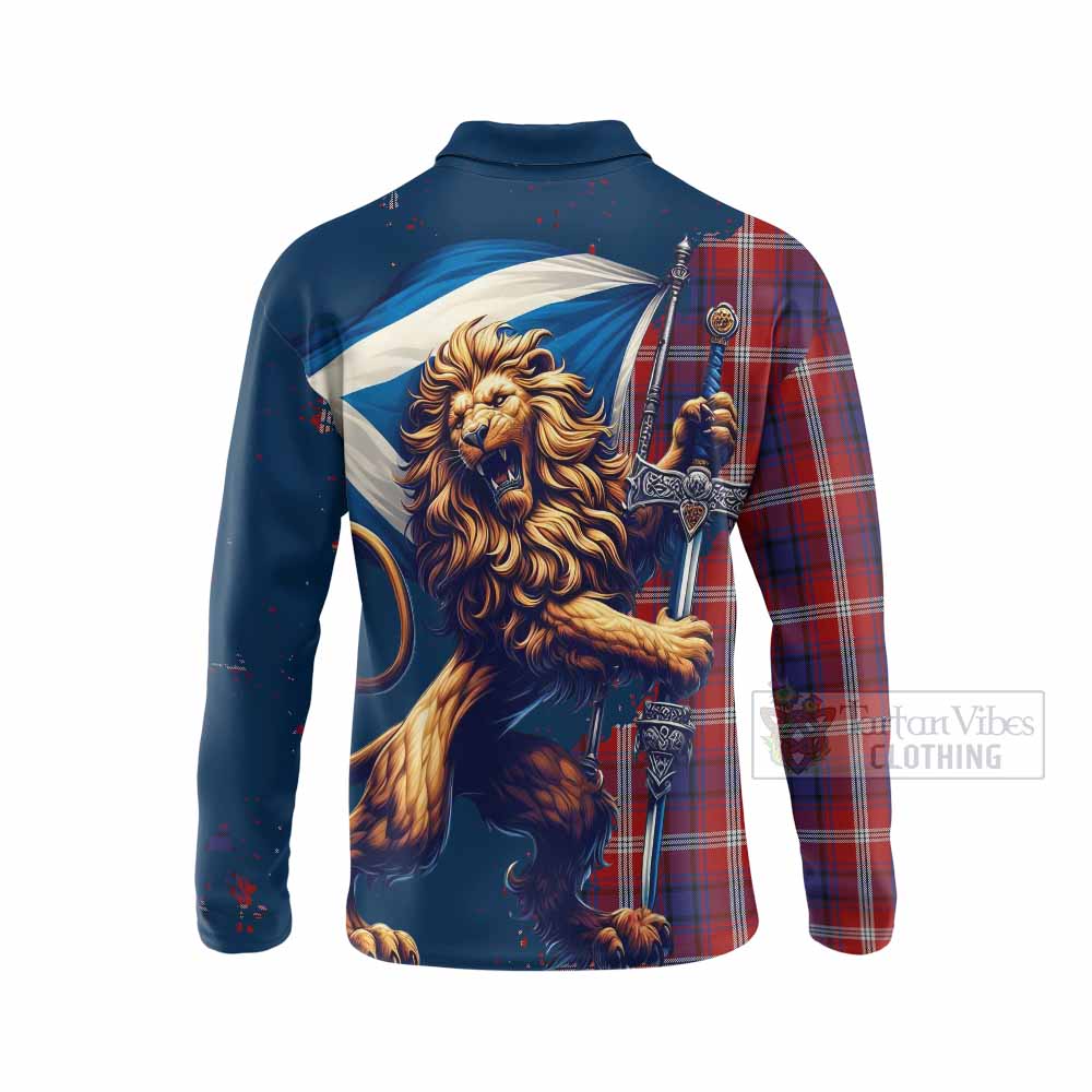 Tartan Vibes Clothing Ainslie Tartan Family Crest Long Sleeve Polo Shirt with Scottish Majestic Lion