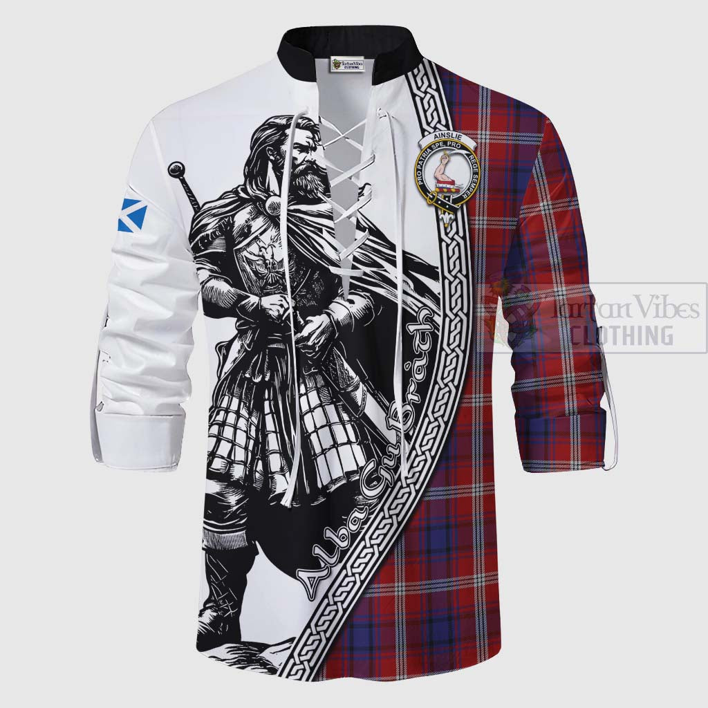 Tartan Vibes Clothing Ainslie Tartan Clan Crest Ghillie Kilt Shirt with Highlander Warrior Celtic Style