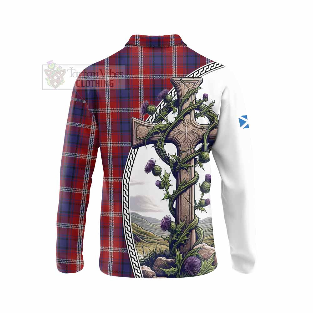 Tartan Vibes Clothing Ainslie Tartan Long Sleeve Polo Shirt with Family Crest and St. Andrew's Cross Accented by Thistle Vines