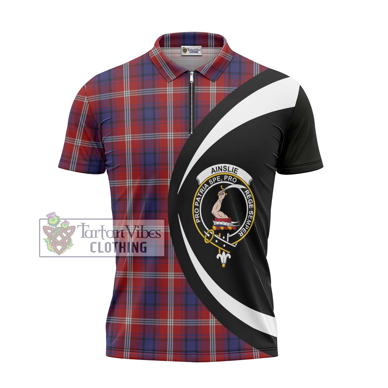 Tartan Vibes Clothing Ainslie Tartan Zipper Polo Shirt with Family Crest Circle Style