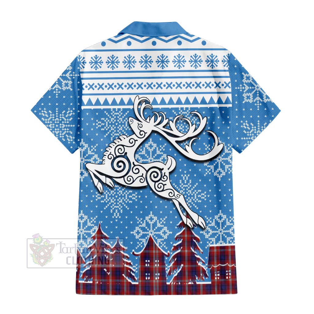 Tartan Vibes Clothing Ainslie Clan Christmas Short Sleeve Button Shirt Celtic Reindeer Style