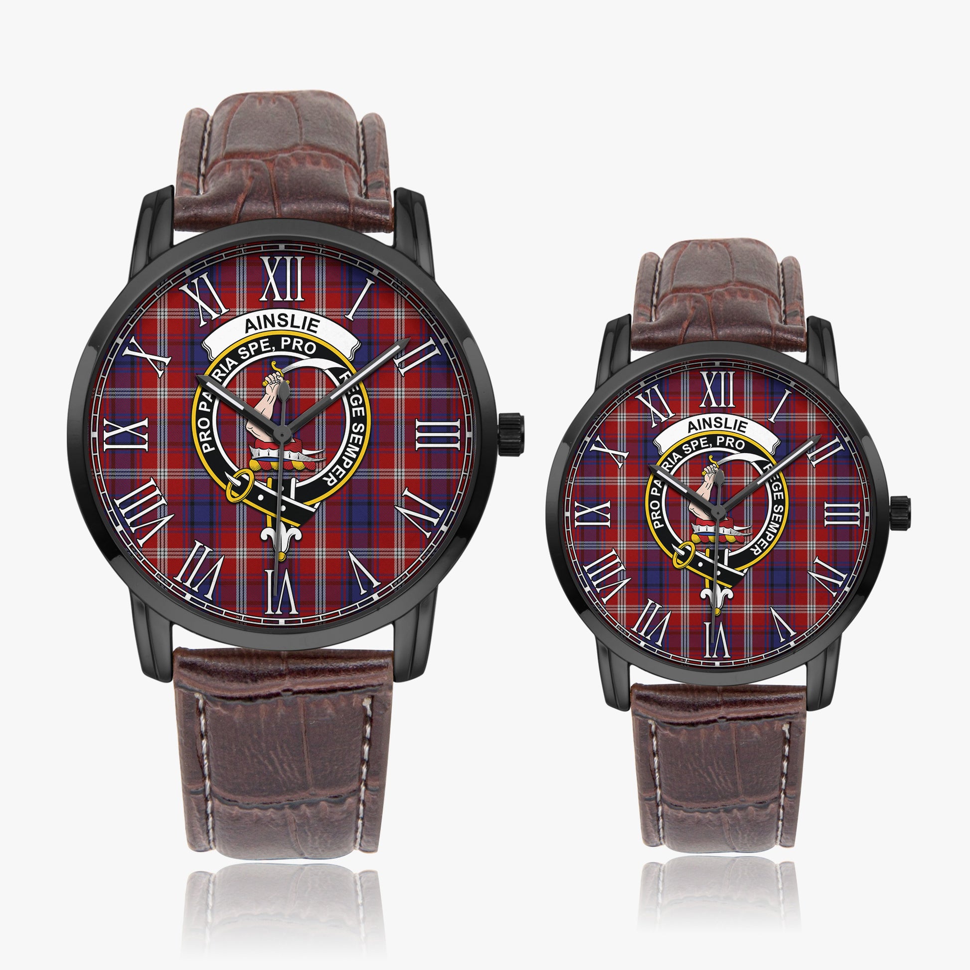 Ainslie Tartan Family Crest Leather Strap Quartz Watch - Tartanvibesclothing