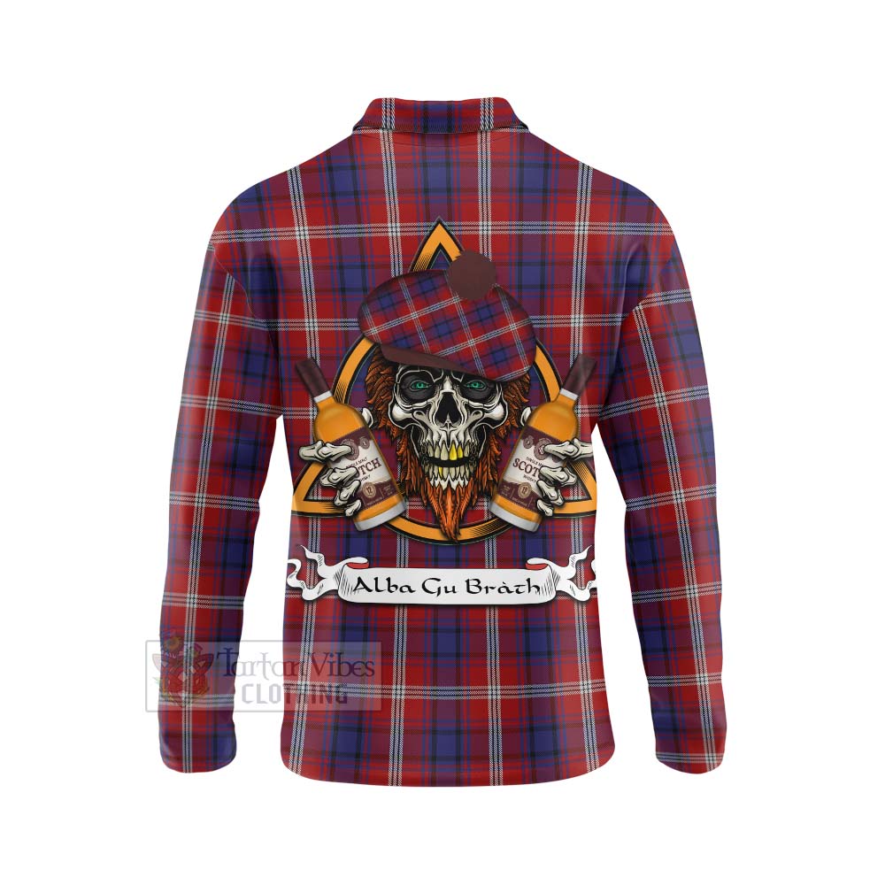 Tartan Vibes Clothing Ainslie Tartan Long Sleeve Polo Shirt with Family Crest and Bearded Skull Holding Bottles of Whiskey