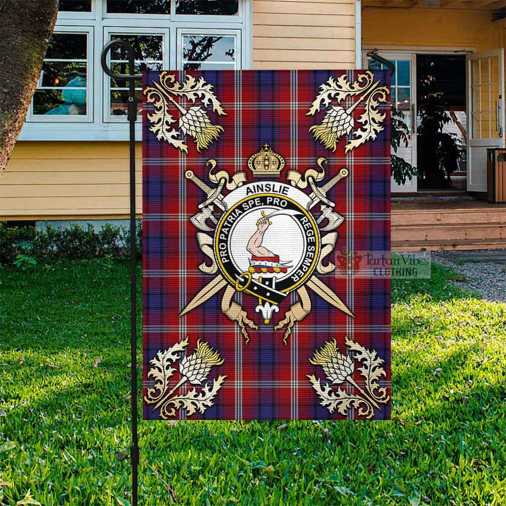 Tartan Vibes Clothing Ainslie Tartan Flag with Family Crest and Golden Thistle Crossed Sword Design