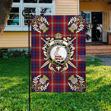 Ainslie Tartan Flag with Family Crest and Golden Thistle Crossed Sword Design