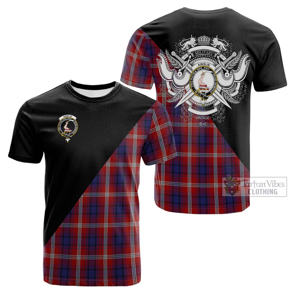 Tartan Vibes Clothing Ainslie Tartan Cotton T-shirt with Family Crest and Military Logo Style