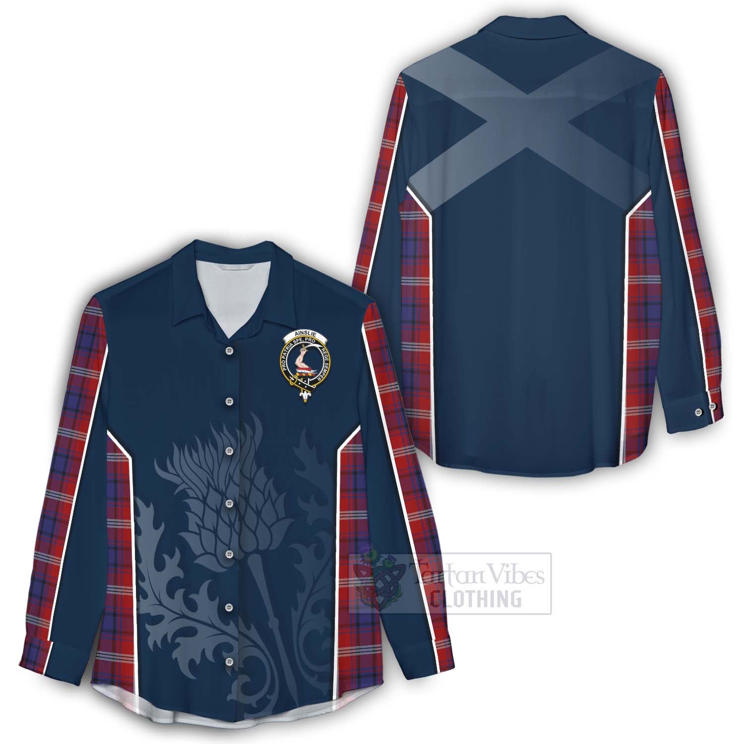 Tartan Vibes Clothing Ainslie Tartan Women's Casual Shirt with Family Crest and Scottish Thistle Vibes Sport Style