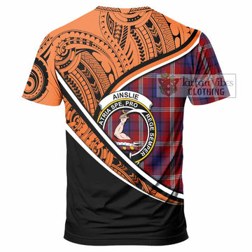 Ainslie Crest Tartan T-Shirt with Polynesian Vibes Style - Orange Version