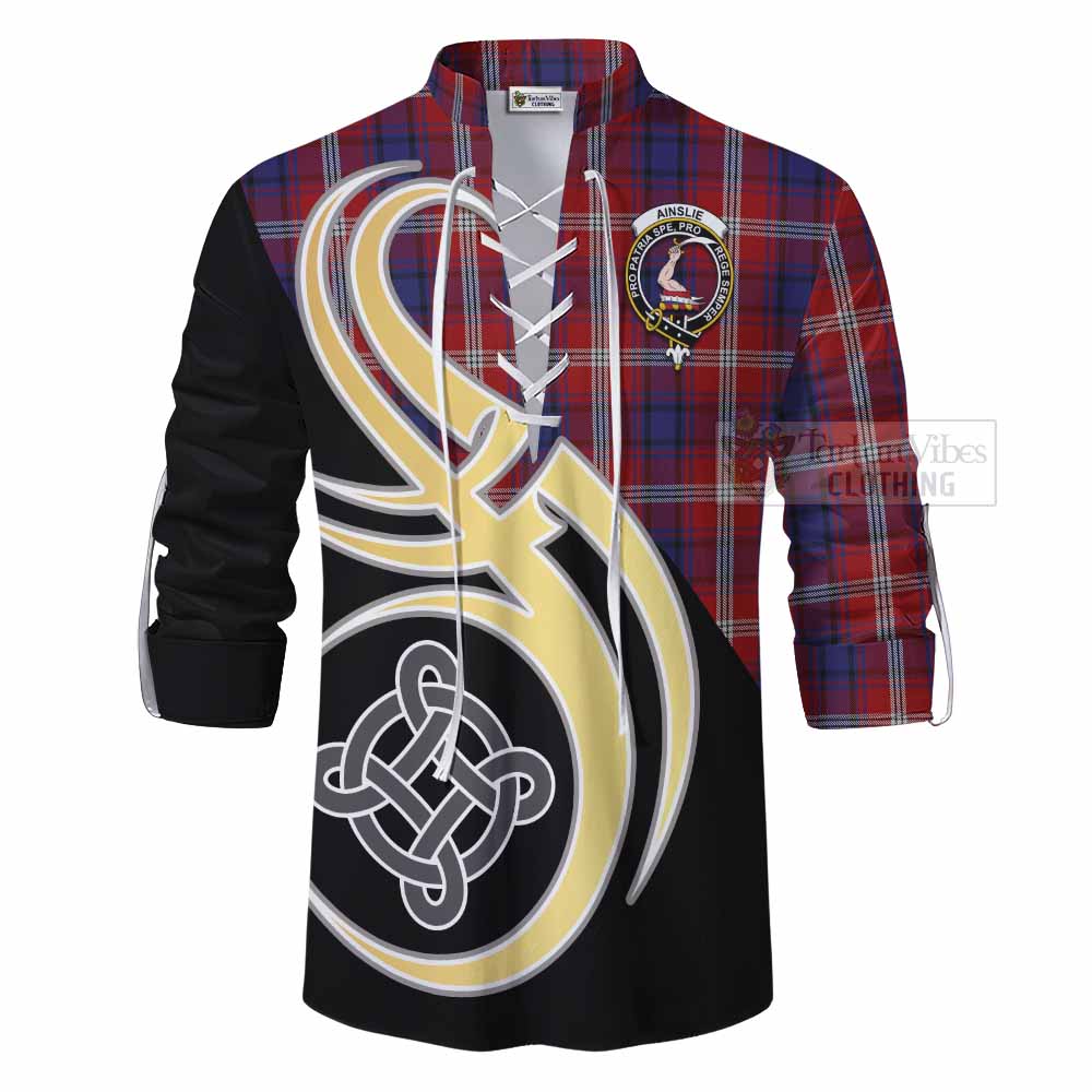 Tartan Vibes Clothing Ainslie Tartan Ghillie Kilt Shirt with Family Crest and Celtic Symbol Style