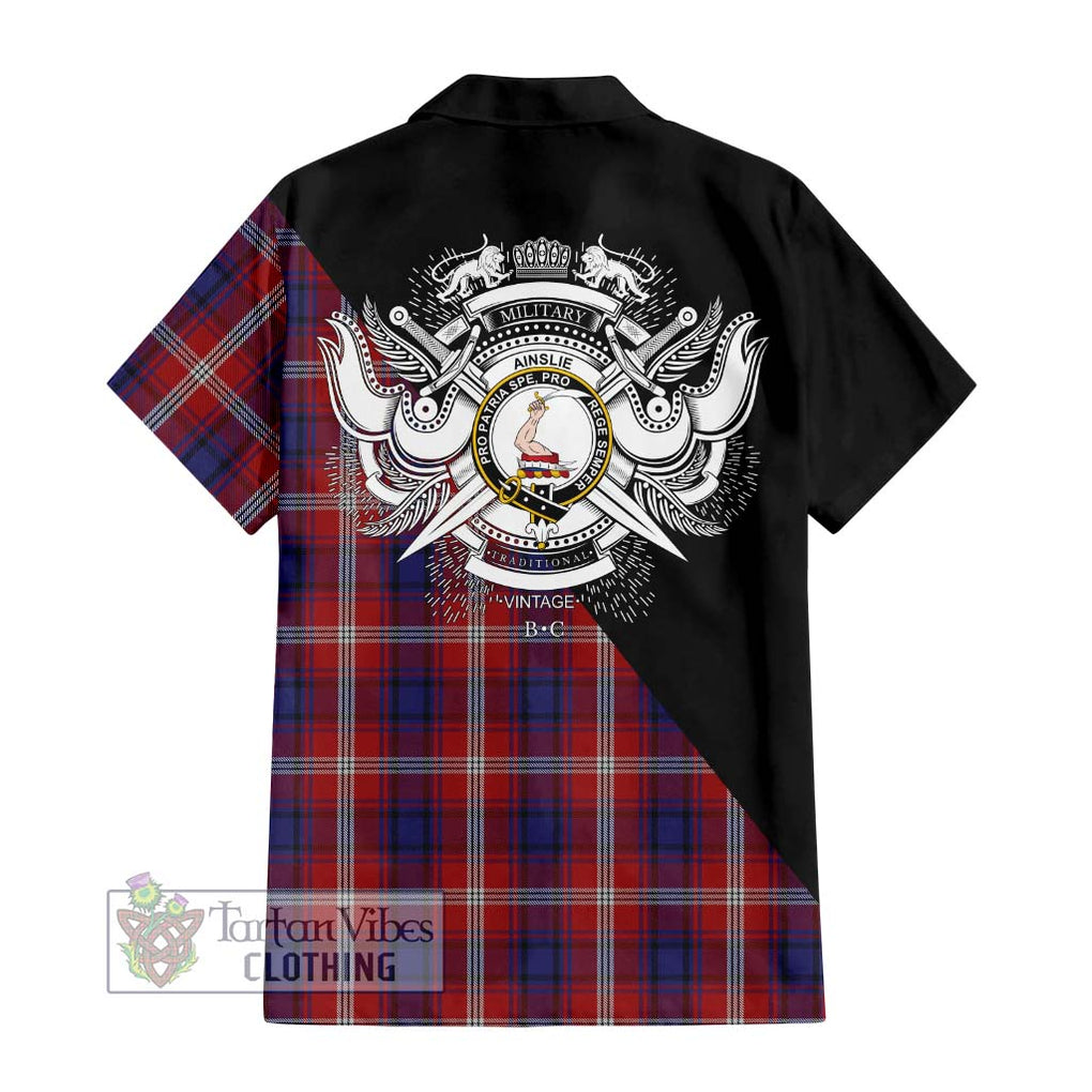 Ainslie Tartan Short Sleeve Button Shirt with Family Crest and Military Logo Style - Tartanvibesclothing Shop